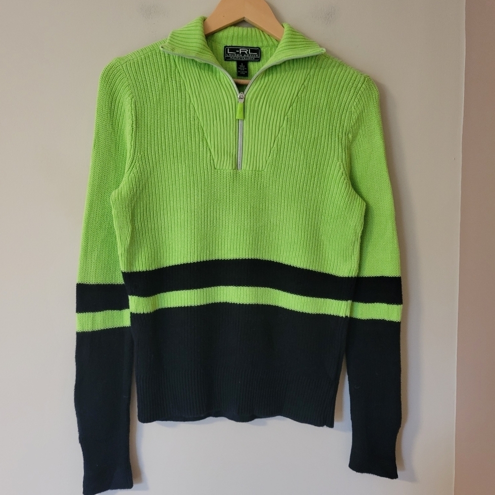 Ralph Lauren Lauren Active Cotton Knit Retro Lime Green Stripe Zip Sweater Small